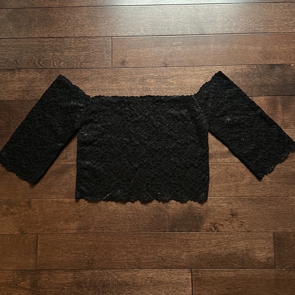 Y2K Crop Top Off Shoulder Sleeves Stretch Black Lace S - Picture 6 of 6